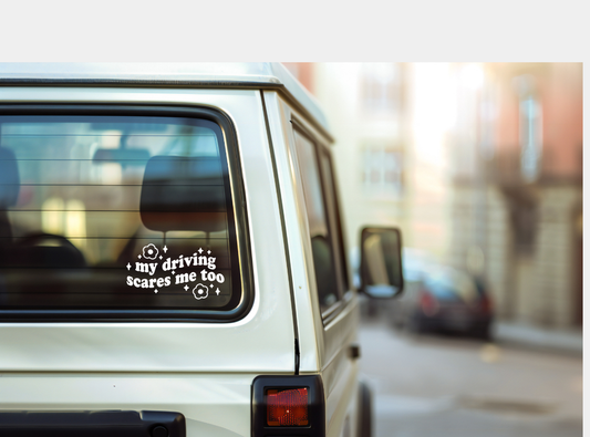 My Driving Scares Me Too.  Funny passenger decal, door decal, window decal. Car Decal