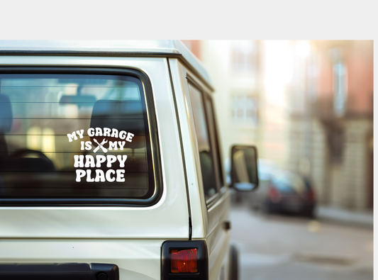 My Garage Is My Happy Place Funny passenger decal, door decal, window decal. Car Decal